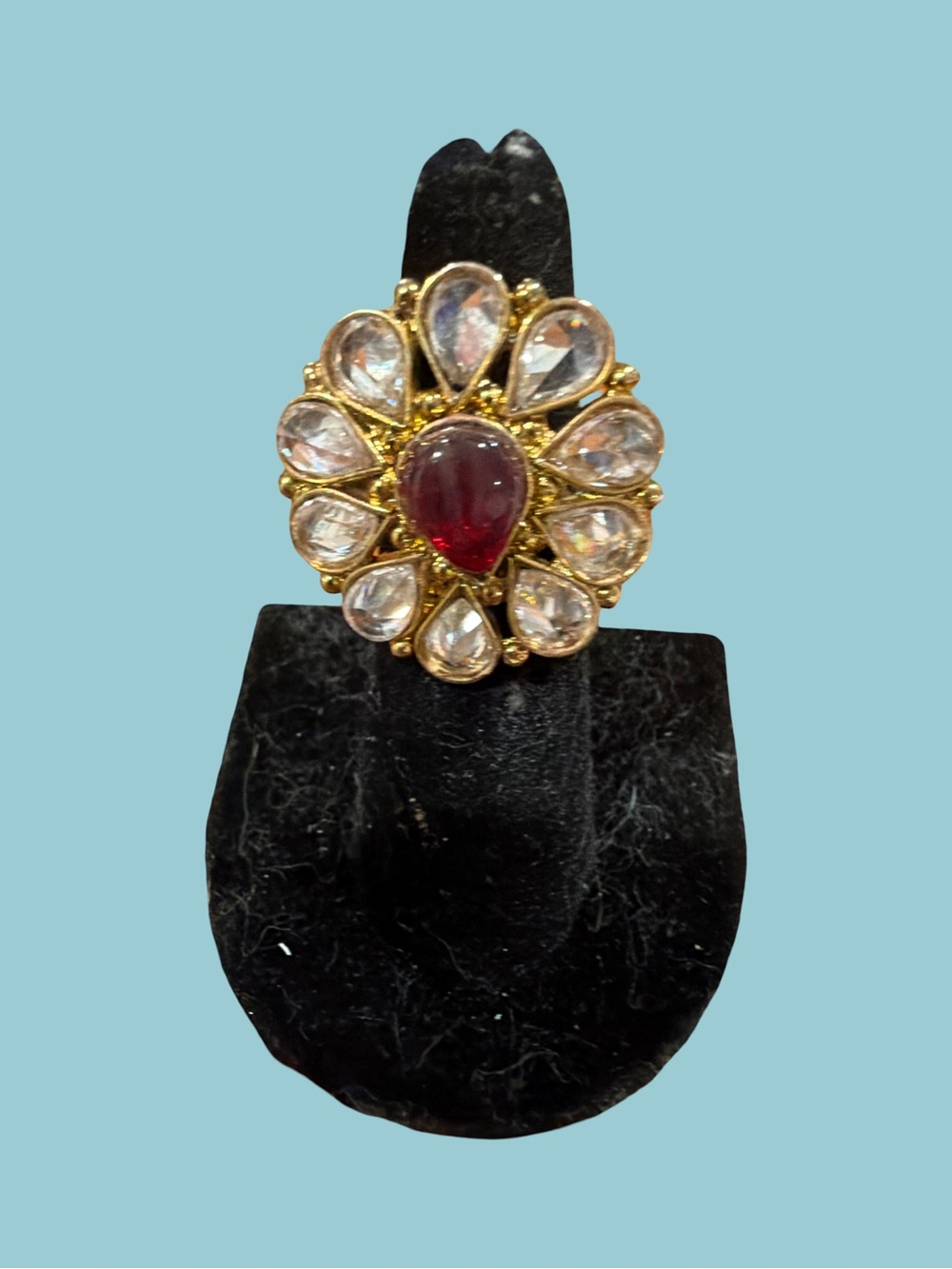 Gold-Tone Floral Cocktail Ring with Red Center Gem